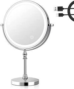 an image of a round mirror on a stand with a usb cable plugged into it