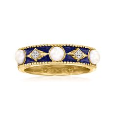 Ross-Simons - 3.5-4mm Cultured Button Pearl Ring, Blue Enamel, Diamond Accents Over Sterling. Size 7. An RS exclusive. This ring takes style into its own hands, boasting a blend of bold, unique and elegant all at once. Spaced evenly along a band of royal blue enamel, three shiny 3.5-4mm cultured freshwater button pearls alternate with a shimmery diamond-accented geometric motif. Crafted in 18kt yellow gold over sterling silver with milgrain details. 3/16" wide. White pearl ring. Pearl birthstone White Pearl Ring, Pearl Birthstone, Geometric Motif, Jewelry Essentials, Sterling Jewelry, Jewelry Lookbook, Freshwater Cultured Pearls, Jewelry Inspo, Dream Jewelry