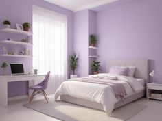 a bedroom with purple walls and white furniture