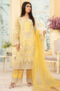 Buy Pakistani Chiffon Dresses-Embroidred Yellow Dress for Mehndi Party-Pakistani Chiffon Wear With Embroidery, Patch Work In USA, UK, Canada, Australia Visit Now : www.NameerabyFarooq.com or Call / Whatsapp : +1 732-910-5427 Yellow Organza Dress, Dress For Mehndi, Mehndi Party, Yellow Suit, Pakistani Party Wear, Chiffon Collection, Embroidered Organza, Net Dupatta, Pakistani Designers