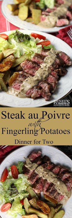 steak au poivre with fingerling potatoes dinner for two is served on white plates