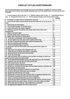 CONFLICT STYLES QUESTIONNAIRE  The proverbs listed below can be thought of as some of the different strategies for resolvi... Relationship Assessment Questions, Values Questionnaire, Therapy Check In Questions, Marriage Therapy Worksheets, Counseling Intake Questions, Questionnaire Sample, Relationship Worksheets