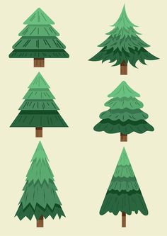 the different types of trees are shown in this image, including one green tree and two brown