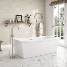 Install a stylish addition to your bathroom with the Terra white 70-in freestanding bathtub by OVE Decors. This beautiful rectangle bathtub with single backrest features modern lines that create a sleek profile and add luxury to your bathroom. The acrylic construction is reinforced with fiberglass for a durable finish that will not stain or fade, and will retain your water's warm temperature during soaking time. The deep soaking tub has a pre-installed chrome drain and overflow, making installation convenient and easy. OVE Decors Terra 34-in x 70-in Gloss White Acrylic Freestanding Soaking Bathtub with Drain (Back Center Drain) | TERRA-70 Slipper Tubs, Satin Nickel Hardware, Deep Soaking Tub, Support Wall, Bathtub Drain, Tub Doors, Master Bath Ideas, Bathroom Redesign, Chrome Faucet