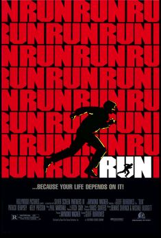 a movie poster for run with the running man in red and black letters on it