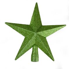 a green glitter star ornament on a white background