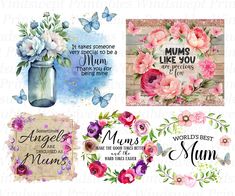 four watercolor flowers and sayings for mother's day