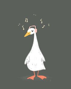 a white duck with headphones on its ears and music notes coming out of it's ear