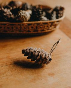 a pine cone sitting on top of a wooden table next to a bowl filled with nuts