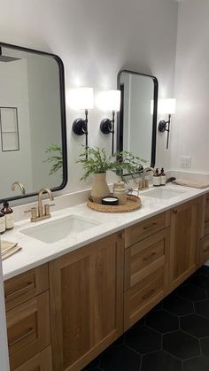 a bathroom with two sinks, mirrors and plants in vases on the counter top