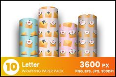 three rolls of wrapping paper with envelopes on them and the words, letter 3500 p