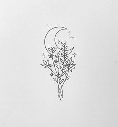 a black and white drawing of flowers with the moon in the background