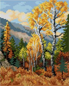 a cross stitch pattern with trees and mountains in the background