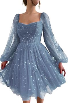 Xijun Sparkle Starry Tulle Homecoming Dress for Teens Puffy Sleeve Prom Dress Formal Evening Gowns with Pockets #promhair Homecoming Dresses For Teens, Cute Formal Dresses, School Dance Dresses, Tulle Homecoming Dress, Cute Prom Dresses, Grad Dresses, Dresses Elegant, Prom Dresses With Sleeves, Hoco Dresses