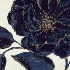 a black flower on a white background with blue and gold leaves in the foreground