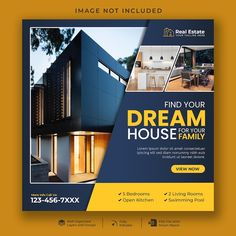 a flyer for a real estate with an image of a house on the front and side