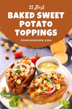 baked sweet potatoes topped with corn and garnish on a white plate next to a bowl of soup