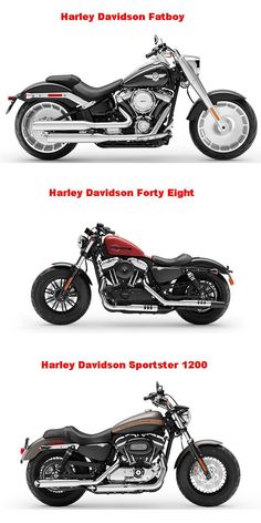 three different motorcycles side by side on a white background with the words harley davidson forty eight