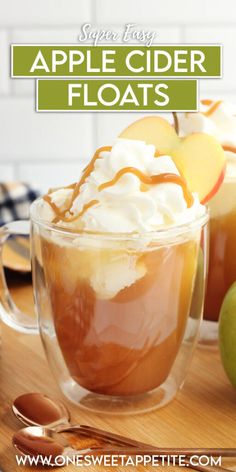 an apple cider floats with whipped cream and caramel