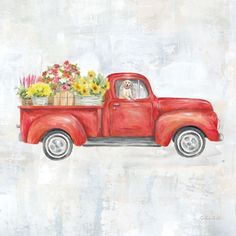 Vintage Red Truck Poster Print by Cynthia Coulter Image 1 Truck With Flowers, Truck Painting, Vintage Red Truck, Home Vintage, Vintage Truck, Red Truck, Decoration Design, Framed Canvas Art, Classic Art