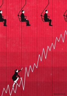 people sitting on chairs in front of a red wall with an upward line going up