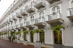 a row of white buildings with balconies and plants on the side of them