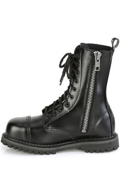 RIOT-10 Black Leather Boots-Demonia-Tragic Beautiful Concert Black, Demonia Boots, Demonia Shoes, Black Leather Ankle Boots, 2 Inch Heels, Calf Boots, Dr. Martens Boots, Black Ankle Boots, Leather Ankle Boots