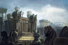 an artistic painting of ancient ruins and horses in the foreground, surrounded by columns