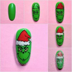 Easy Grinch Nail Designs, Grinch Nails Tutorial, The Grinch Nail Art Tutorial, Grinch Nail Art Step By Step, Grinch Nail Tutorial, Christmas Nails Grinch Art Designs, Step By Step Christmas Nails, Grinch Nail Art Tutorial, Grinch Nails Step By Step