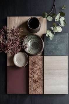 a table topped with different types of tile