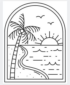 a black and white drawing of a palm tree in front of an ocean view with the sun