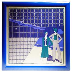 Stylish silk scarf by LOREDANO Featuring two fashion models in green, blue and white colors with geometric background, as a wall art. Signed LOREDANO in the bottom right corner. Framed Scarf, Scarf Wall, Kahlil Gibran, Vintage Silk Scarf, French Art Deco, Vintage Scarf, Geometric Background, White Colors, French Art