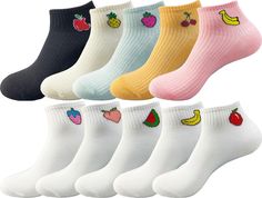 PRICES MAY VARY. FUNNY FRUIT EMBROIDERED, apple, pineapple, strawberry, cherry, banana, peach, watermelon, avocado, lemon, tomato, orange, pear, grape fruit embroidered on this womens no show socks, adds adorable to your normal wardrobe, makes you more attractive and charming among the crowd VARIOUS COLOR AVAILABLE, this women's low rise socks has white, yellow, green, pink, red, orange, purple, black, navy blue, beige multi color, could match most suits. Various pack's athletic socks also could Apple Socks, Fruit Socks, Adult Fun Socks Walmart Woman, Affordable Playful Yellow Socks, Ankle High Socks, Playful Red Cotton Socks, Golf Socks, Funny Fruit, Running Socks