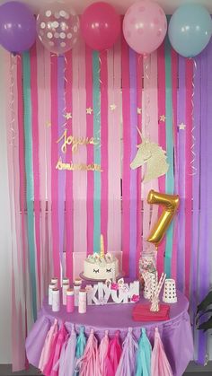 a birthday party with balloons, streamers and cake on a table in front of the wall