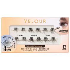 A set of pre-glued, these self-adhesive lash clusters that are perfect for beginnings, easy to apply and mess-free.​​ Ingredient Callouts: Free of parabens, formaldehydes, formaldehyde-releasing agents, phthalates, mineral oil, retinyl palmitate, oxybenzone, coal tar, hydroquinone, triclocarban, triclosan, and contains less than one percent synthetic fragrance. It is also gluten-free and cruelty-free.What Else You Need to Know: Handmade with lightweight and natural-looking fibers, these Self-Stick Lash Clusters are applied underneath your natural lashes for a seamless look. Use three clusters per eye for a full lash extension look or one to two clusters to create a half lash. Full Eyelashes Extensions, Cluster Eyelash Extensions, Lash Application, Rcma Makeup, Velour Lashes, Coal Tar, Cluster Eyelashes, Lash Clusters, Lip Primer