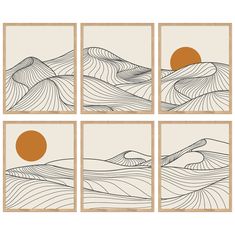 four framed art prints with mountains and waves in the background, each featuring an orange sun