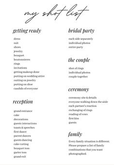 an image of the wedding reception list for brides and grooms to use on their wedding day