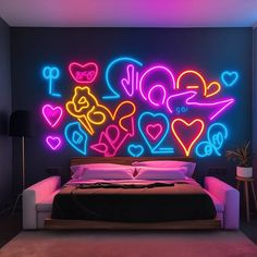 a bed in a room with neon lights on the wall