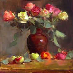 a painting of roses in a vase on a table