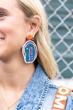 The perfect earrings for Gator fans! Uf Football, Bath And Body Shop, Florida Gators, Football Games, Hand Beading, Beaded Earrings, Halloween Shopping, Mens Gifts, Jewelry Earrings Dangle