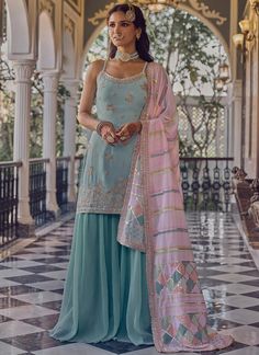 Light Blue Embroidered Sharara Suit | Lashkaraa Plain Sharara Suit Designs, Embroided Suits, Sharara Suit Designs, Blue Sharara, Georgette Sharara, Sleeveless Kurta, Embroidered Sharara