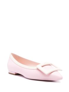 powder pink/light pink calf leather two-tone design decorative logo-engraved matte buckle detail slip-on style pointed toe leather lining branded insole flat sole This item is in size 35 and the color is Pink Pink Leather Flats With Rubber Sole, Elegant Pink Flats With Rubber Sole, Luxury Pink Leather Flats, Pink Leather Flats With Low Heel, Elegant Pink Flats With Leather Sole, Pink Almond Toe Flats For Formal Occasions, Formal Pink Almond Toe Flats, Pink Closed Toe Flats With Leather Sole, Elegant Pink Pointed Toe Flats