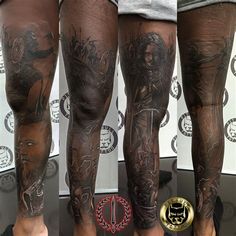 two men with tattoos on their legs standing next to each other