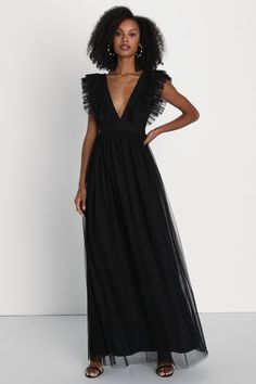 Simply Delighted Black Mesh Ruffled Backless Maxi Dress Tulle Ruffle Dress, Plunge Maxi Dress, Prom Inspo, Tulle Maxi Dress, Backless Maxi Dress, Lulus Dresses, Black Tie Dress, Backless Design, Backless Maxi Dresses