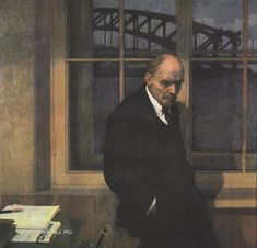 a painting of a man standing in front of a window