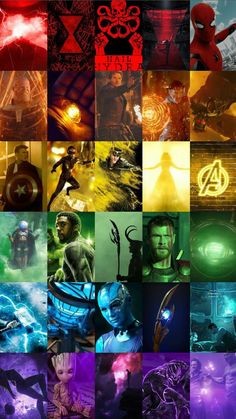 many different colored images are shown in this collage, including the avengers and spider - man