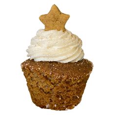 a cupcake with white frosting and a star on top