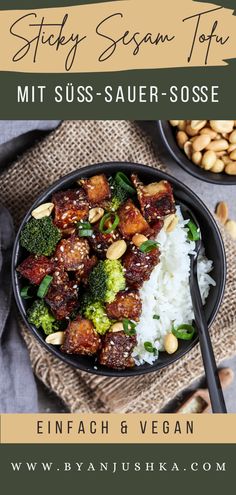 a bowl filled with rice, broccoli and other food on top of a table