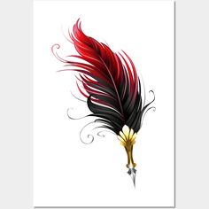 a red and black feather on a white background