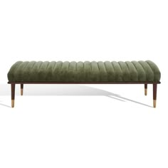 an upholstered bench with wooden legs and green fabric on the top, against a white background